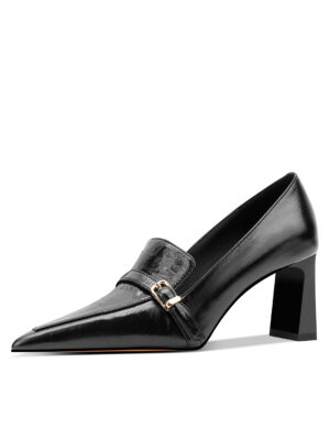 SIMONE Oiled Leather Buckle Loafer Pumps | Handcrafted 7cm Block Heels