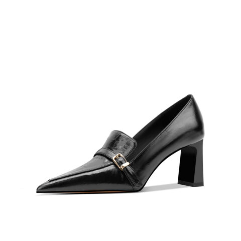 SIMONE Oiled Leather Buckle Loafer Pumps | Handcrafted 7cm Block Heels
