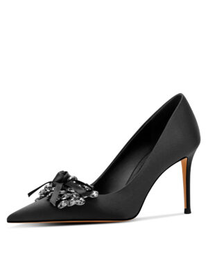 SIMONE Silk Crystal Bow Stiletto Pumps | Handcrafted Sheepskin-Lined Heels