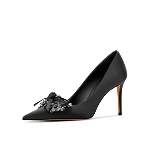 SIMONE Silk Crystal Bow Stiletto Pumps | Handcrafted Sheepskin-Lined Heels