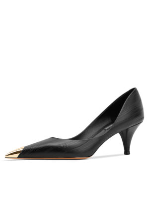 SIMONE Gold Cap Toe Black Pumps | Handcrafted Leather Mid Heels