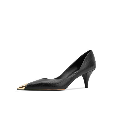 SIMONE Gold Cap Toe Black Pumps | Handcrafted Leather Mid Heels