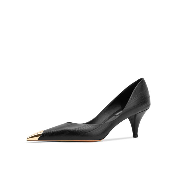 SIMONE Gold Cap Toe Black Pumps | Handcrafted Leather Mid Heels