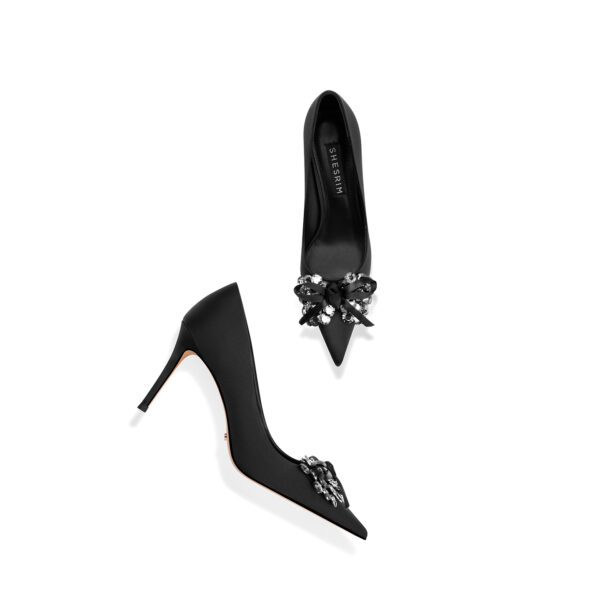 SIMONE Silk Crystal Bow Stiletto Pumps | Handcrafted Sheepskin-Lined Heels