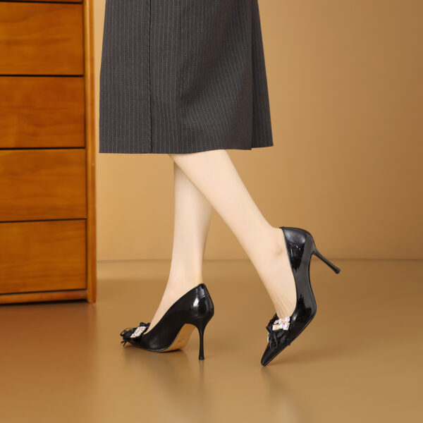 SIMONE Pearlescent Patent Stiletto Pumps | Handcrafted Crystal Bow 8cm Heels