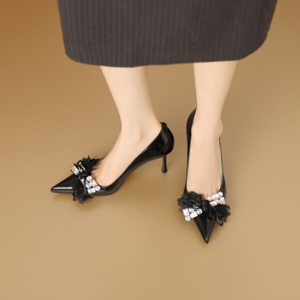 SIMONE Pearlescent Patent Stiletto Pumps | Handcrafted Crystal Bow 8cm Heels