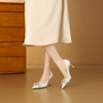 SIMONE Pearlescent Patent Stiletto Pumps | Handcrafted Crystal Bow 8cm Heels