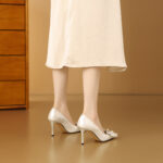 SIMONE Pearlescent Patent Stiletto Pumps | Handcrafted Crystal Bow 8cm Heels