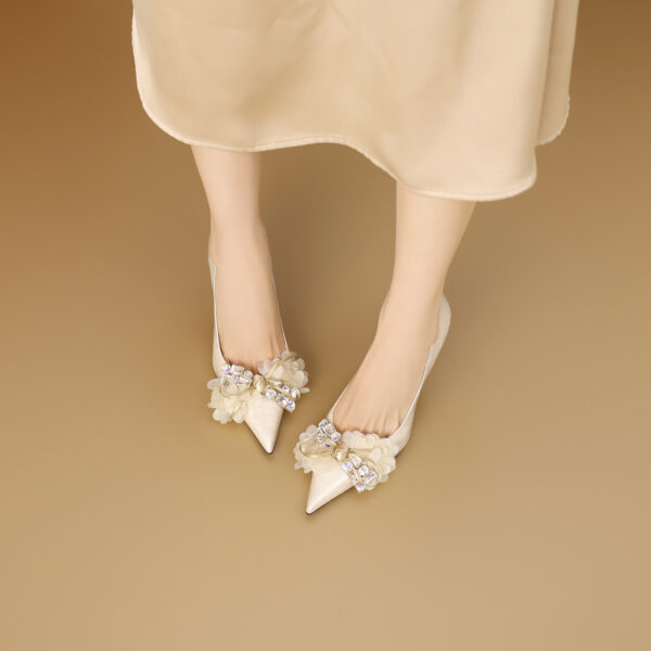 SIMONE Pearlescent Patent Stiletto Pumps | Handcrafted Crystal Bow 8cm Heels