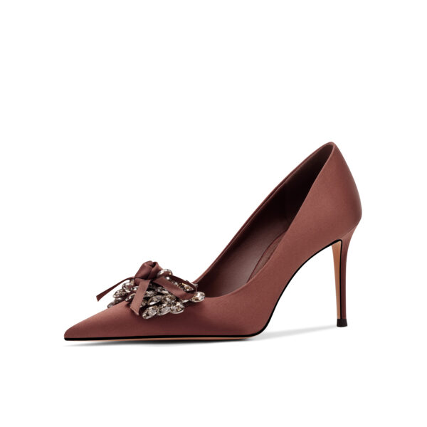 SIMONE Silk Crystal Bow Stiletto Pumps | Handcrafted Sheepskin-Lined Heels