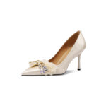 SIMONE Pearlescent Patent Stiletto Pumps | Handcrafted Crystal Bow 8cm Heels