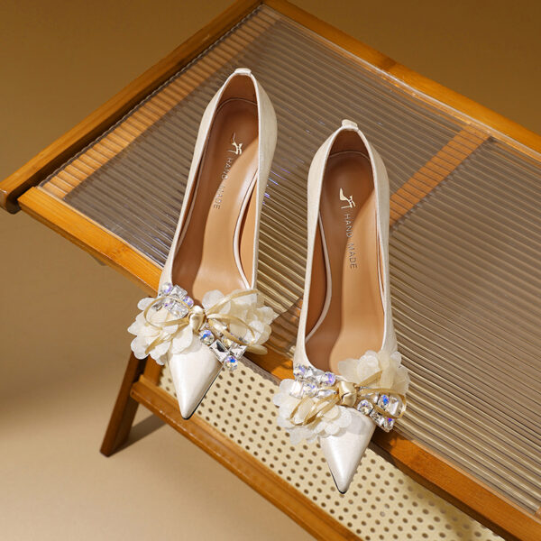 SIMONE Pearlescent Patent Stiletto Pumps | Handcrafted Crystal Bow 8cm Heels
