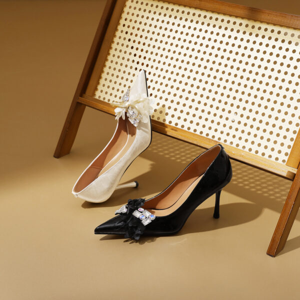 SIMONE Pearlescent Patent Stiletto Pumps | Handcrafted Crystal Bow 8cm Heels