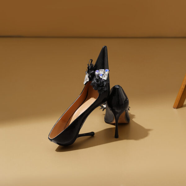 SIMONE Pearlescent Patent Stiletto Pumps | Handcrafted Crystal Bow 8cm Heels