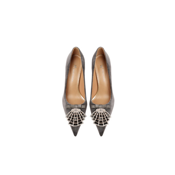 SIMONE Shimmering Metallic Velvet Stiletto Pumps | Handcrafted Crystal Fan Bow 8cm Heels