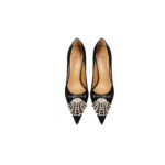 SIMONE Shimmering Metallic Velvet Stiletto Pumps | Handcrafted Crystal Fan Bow 8cm Heels