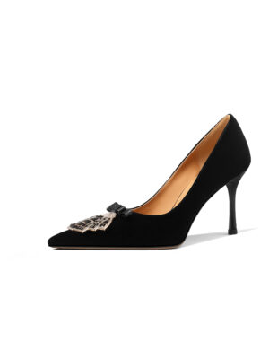 SIMONE Shimmering Metallic Velvet Stiletto Pumps | Handcrafted Crystal Fan Bow 8cm Heels