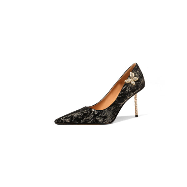 SIMONE Shimmering Metallic Velvet Stiletto Pumps | Handcrafted Crystal Butterfly