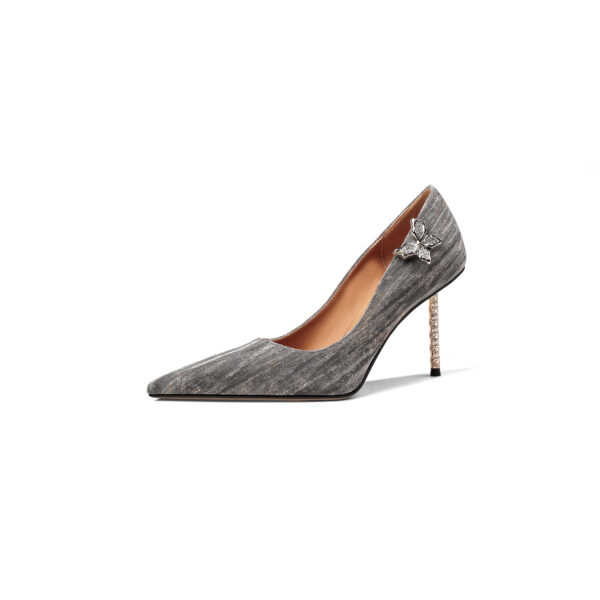 SIMONE Shimmering Metallic Velvet Stiletto Pumps | Handcrafted Crystal Butterfly