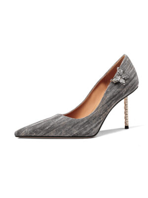 SIMONE Shimmering Metallic Velvet Stiletto Pumps | Handcrafted Crystal Butterfly