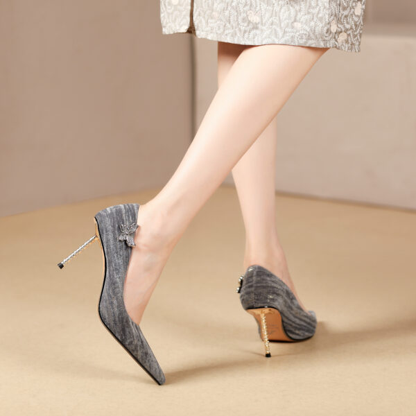 SIMONE Shimmering Metallic Velvet Stiletto Pumps | Handcrafted Crystal Butterfly