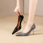 SIMONE Shimmering Metallic Velvet Stiletto Pumps | Handcrafted Crystal Butterfly