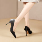 SIMONE Shimmering Metallic Velvet Stiletto Pumps | Handcrafted Crystal Fan Bow 8cm Heels
