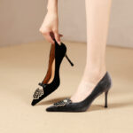 SIMONE Shimmering Metallic Velvet Stiletto Pumps | Handcrafted Crystal Fan Bow 8cm Heels