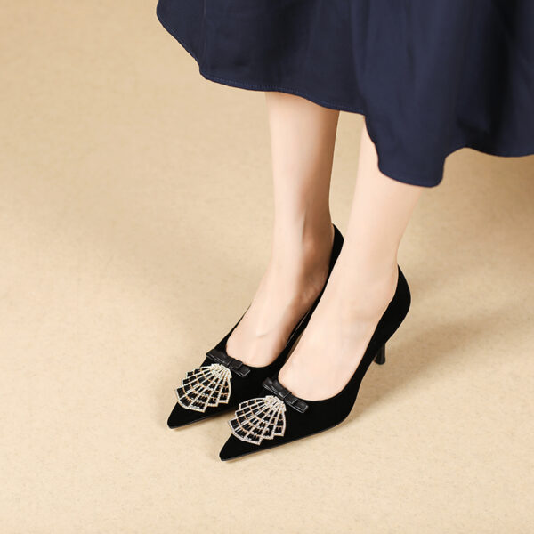 SIMONE Shimmering Metallic Velvet Stiletto Pumps | Handcrafted Crystal Fan Bow 8cm Heels