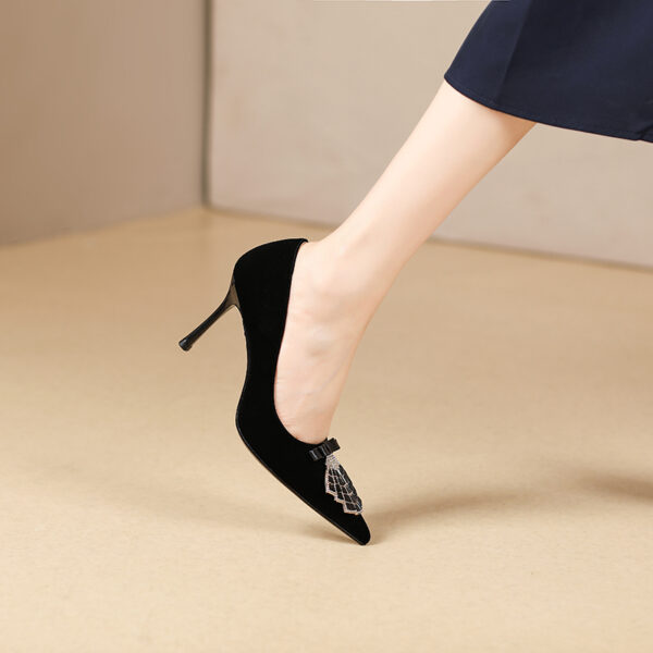 SIMONE Shimmering Metallic Velvet Stiletto Pumps | Handcrafted Crystal Fan Bow 8cm Heels