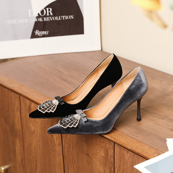SIMONE Shimmering Metallic Velvet Stiletto Pumps | Handcrafted Crystal Fan Bow 8cm Heels