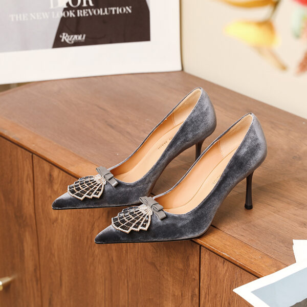 SIMONE Shimmering Metallic Velvet Stiletto Pumps | Handcrafted Crystal Fan Bow 8cm Heels