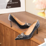 SIMONE Shimmering Metallic Velvet Stiletto Pumps | Handcrafted Crystal Fan Bow 8cm Heels