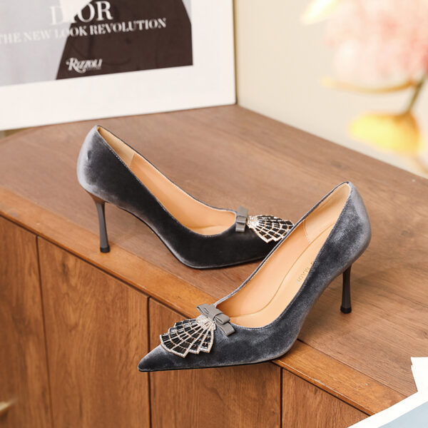 SIMONE Shimmering Metallic Velvet Stiletto Pumps | Handcrafted Crystal Fan Bow 8cm Heels