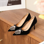 SIMONE Shimmering Metallic Velvet Stiletto Pumps | Handcrafted Crystal Fan Bow 8cm Heels