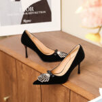 SIMONE Shimmering Metallic Velvet Stiletto Pumps | Handcrafted Crystal Fan Bow 8cm Heels